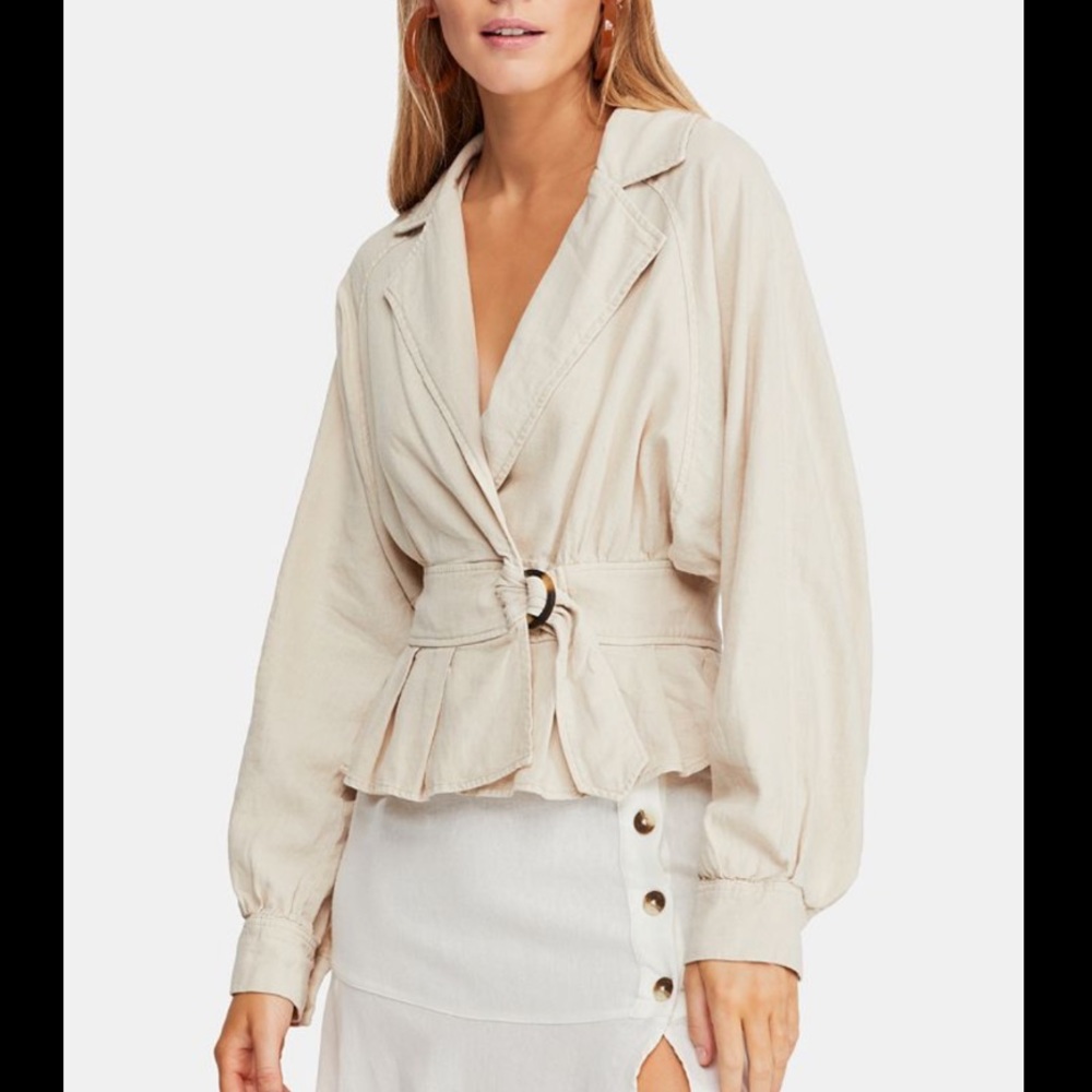 Free People Joani Belted peplum Linen Blend Blazer in almond natural Size medium